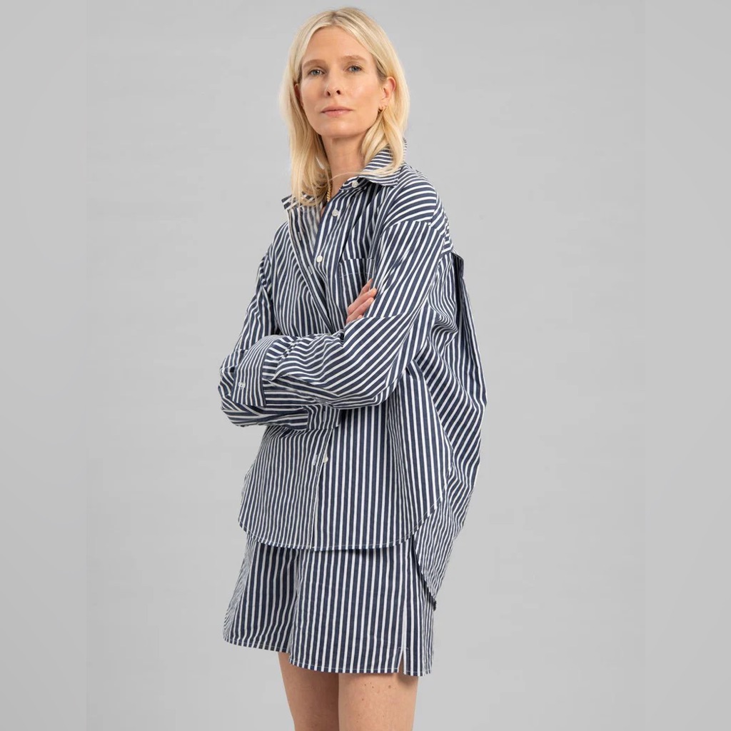 The Frankie Shop Lui Cotton Button Down Shirt Boxer Short Set Navy Stripe S Nwt